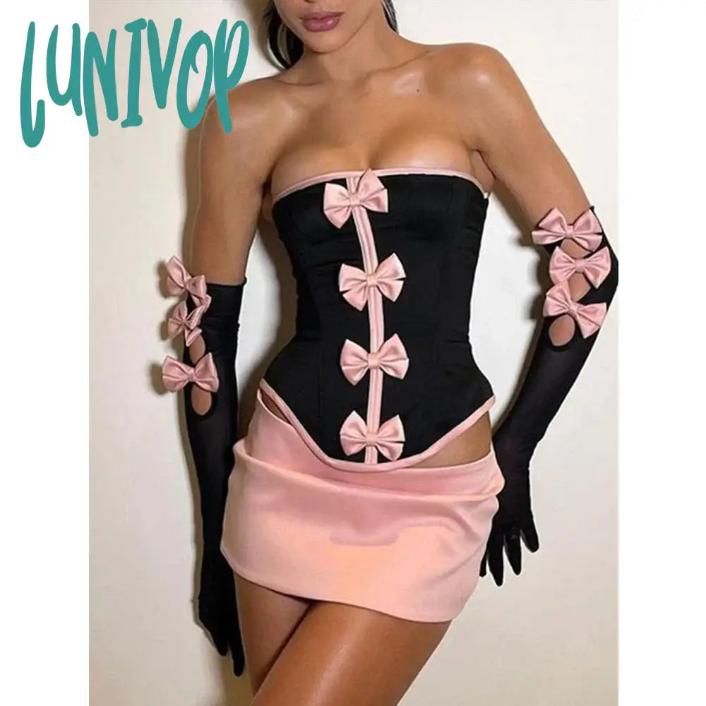 Lunivop Sexy Strapless Bows Trim Women Two Piece Sets Black Gloves Corset Tops Pink Skirts Female