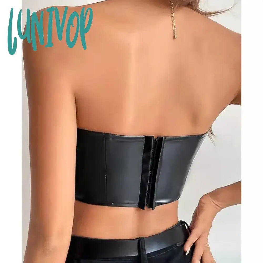 Lunivop Sexy Tank Top Glossy Pu Leather Halter Crop Tops Women Wrap Chest Bare Midriff Camisole