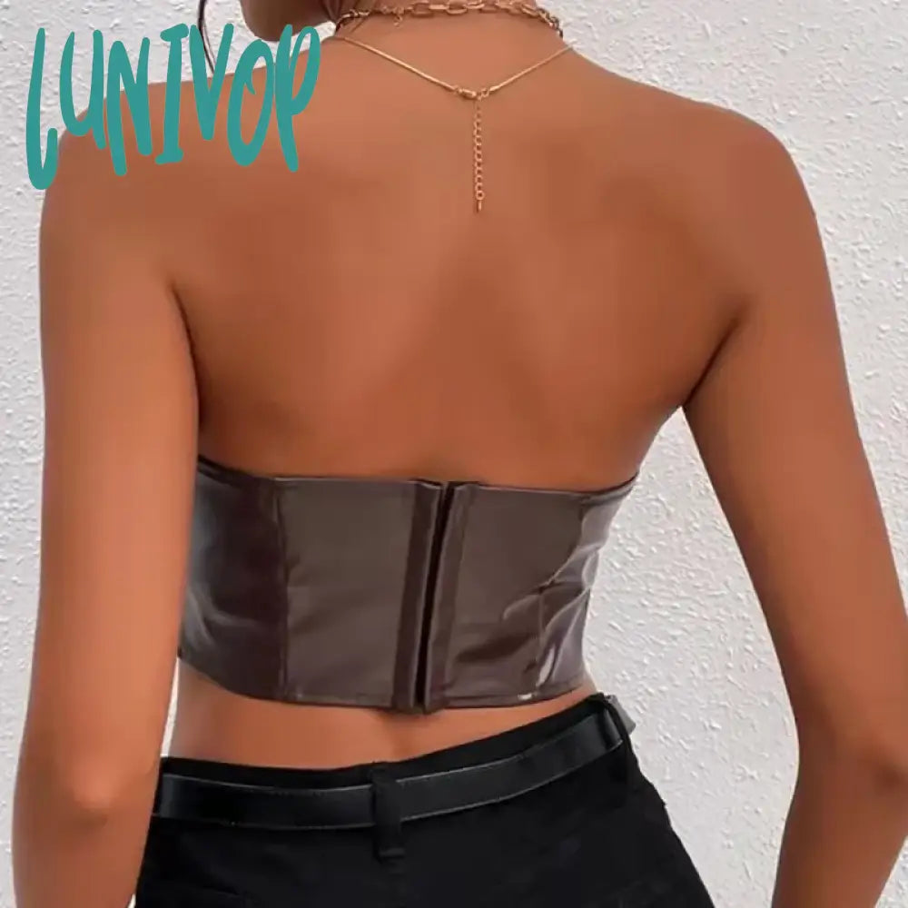 Lunivop Sexy Tank Top Glossy Pu Leather Halter Crop Tops Women Wrap Chest Bare Midriff Camisole