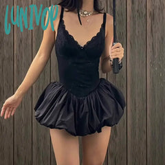 Lunivop Sexy V-Neck Bud Suspender Dress For Women Solid Lace Patchwork Sleeveless High Waisted
