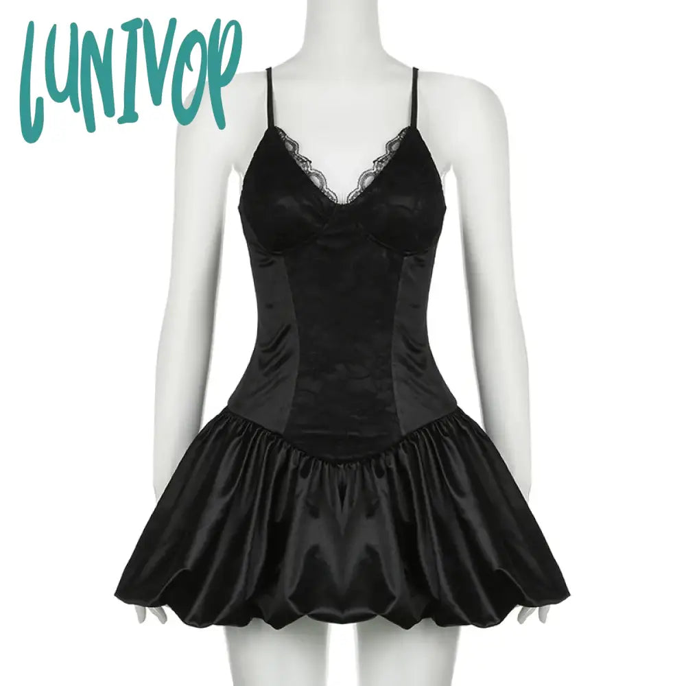 Lunivop Sexy V-Neck Bud Suspender Dress For Women Solid Lace Patchwork Sleeveless High Waisted