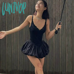 Lunivop Sexy V-Neck Bud Suspender Dress For Women Solid Lace Patchwork Sleeveless High Waisted
