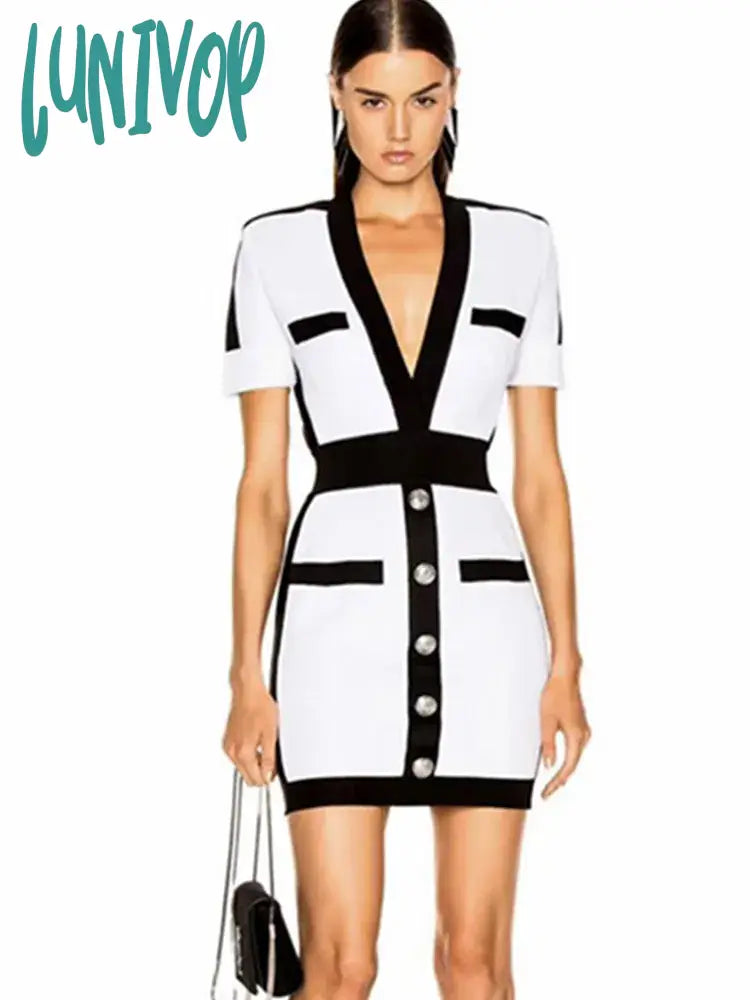 Lunivop Sexy V Neck Patchwork Mini Women Bandage Dress Fashion Party Vestido