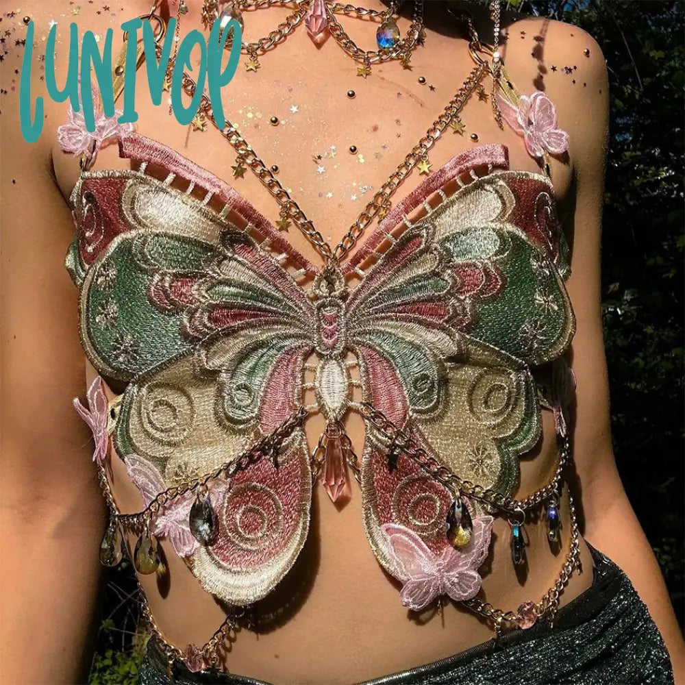 Lunivop Sexy Woman Crystal Chain Butterfly Embroidery Sleeveless Backless Adjustable Ultra Short