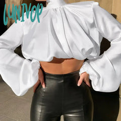 Lunivop Sexy Women Lantern Sleeve Crop Top Elasticity Waist High Collar Long Short Tees Black