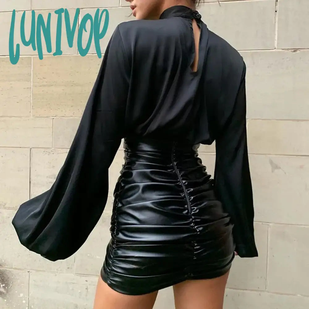 Lunivop Sexy Women Lantern Sleeve Crop Top Elasticity Waist High Collar Long Short Tees Black