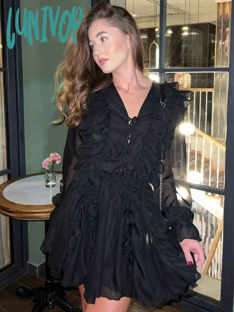 Lunivop Sheer Lace Mesh Dress Women Fashion Deep V Neck Bandage Ruffle Oversized Shirt Femme