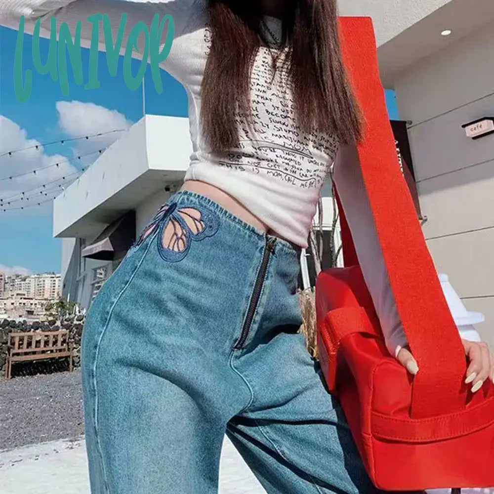 Lunivop Side Butterfly Jeans Women Sexy Hollow Embroidery Long Pants Women’s All Match Casual