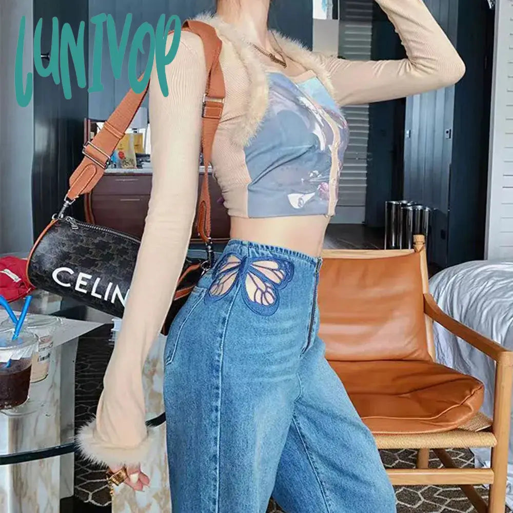 Lunivop Side Butterfly Jeans Women Sexy Hollow Embroidery Long Pants Women’s All Match Casual