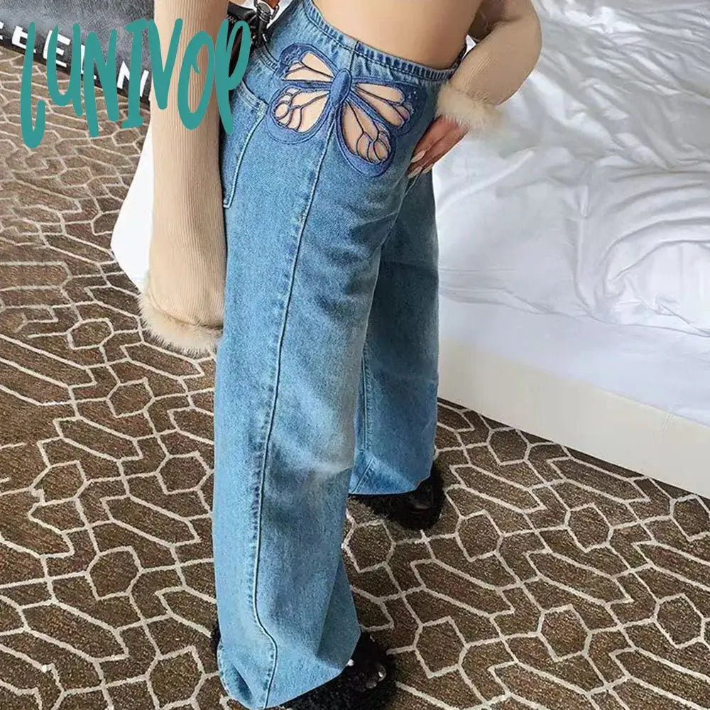 Lunivop Side Butterfly Jeans Women Sexy Hollow Embroidery Long Pants Women’s All Match Casual