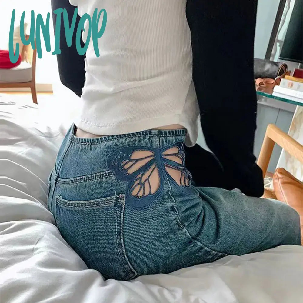 Lunivop Side Butterfly Jeans Women Sexy Hollow Embroidery Long Pants Women’s All Match Casual