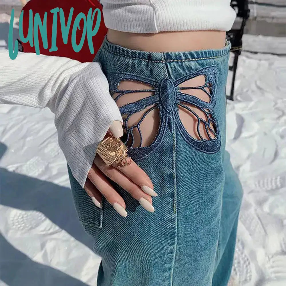 Lunivop Side Butterfly Jeans Women Sexy Hollow Embroidery Long Pants Women’s All Match Casual