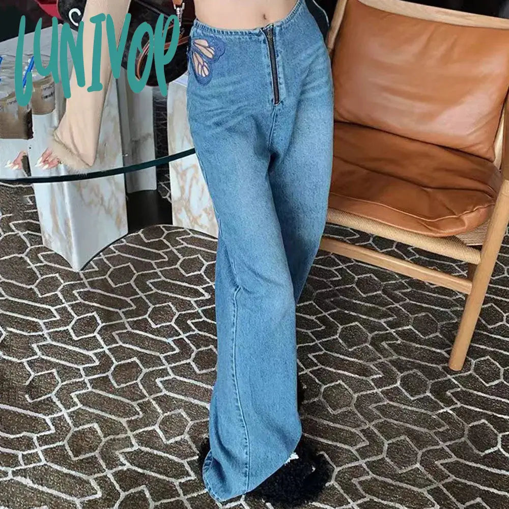 Lunivop Side Butterfly Jeans Women Sexy Hollow Embroidery Long Pants Women’s All Match Casual