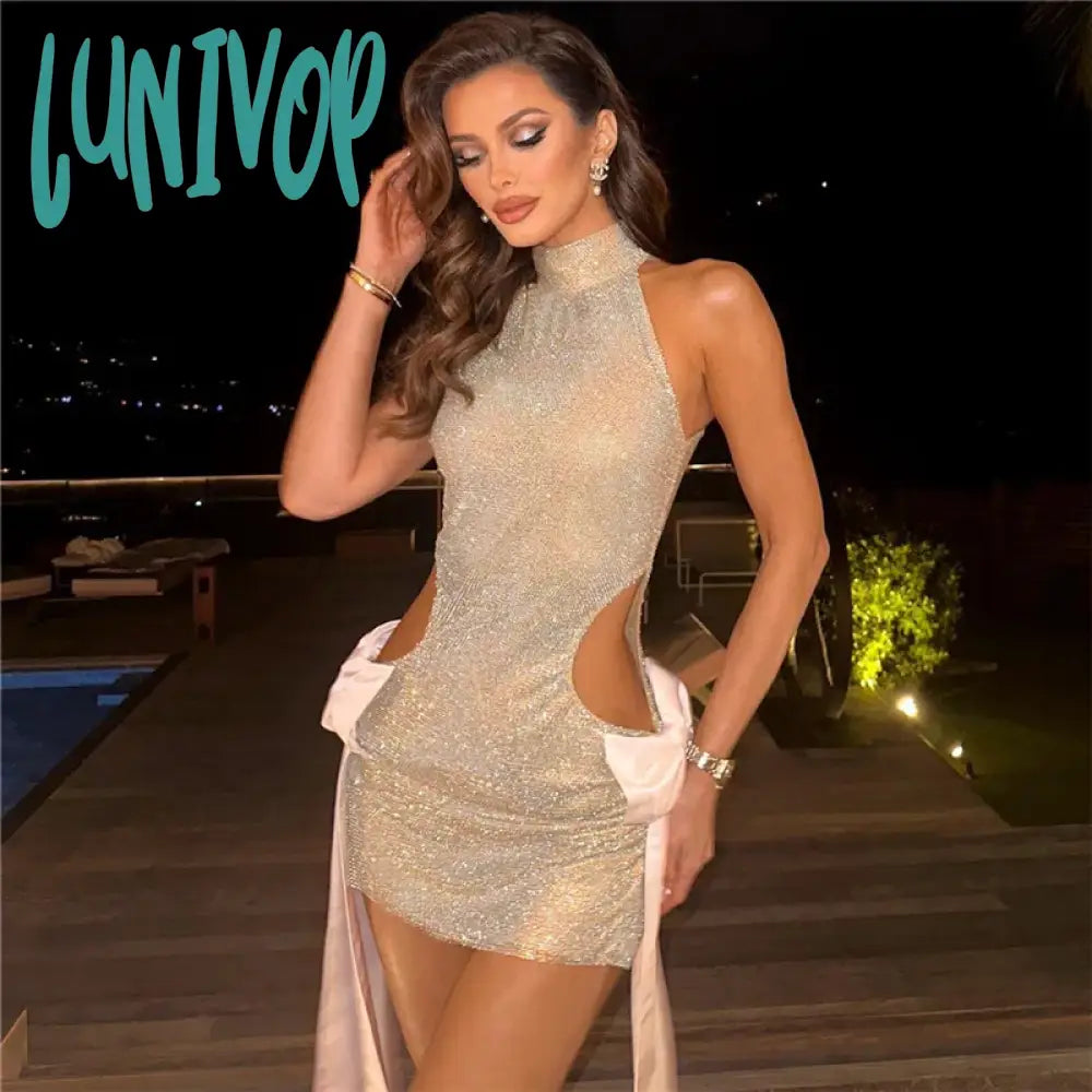 Lunivop Side Hollow Bows Sleeveless Mini Dresses Glitter Sexy Party Clubwear Women’s Dress Summer