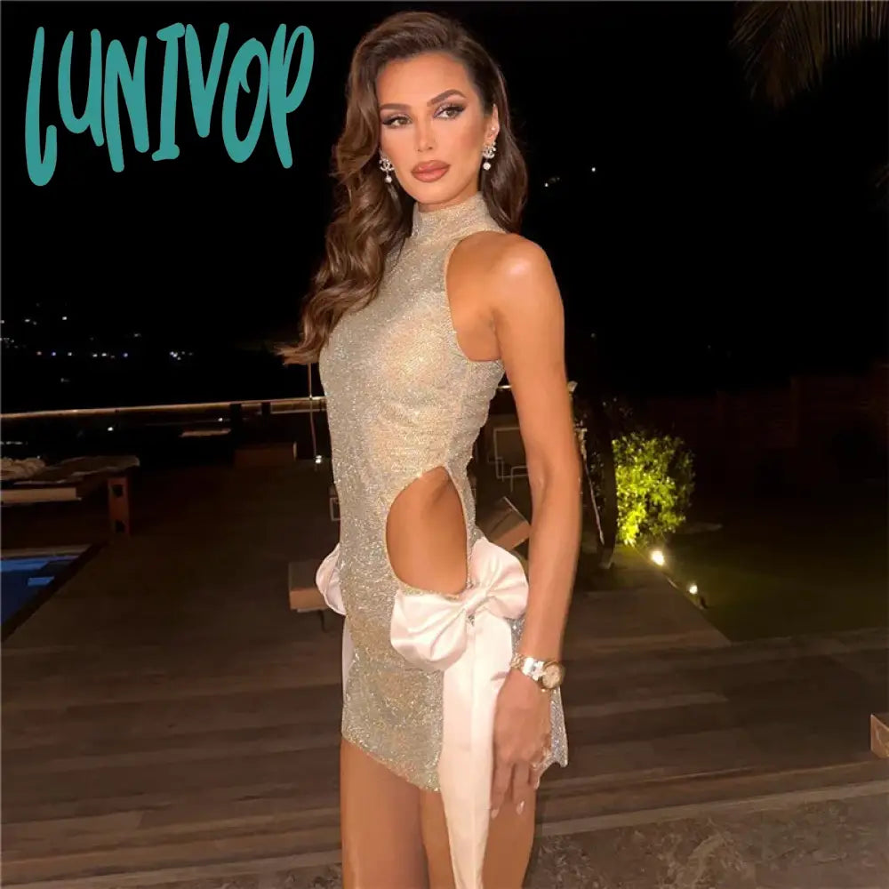 Lunivop Side Hollow Bows Sleeveless Mini Dresses Glitter Sexy Party Clubwear Women’s Dress Summer