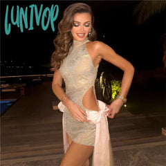 Lunivop Side Hollow Bows Sleeveless Mini Dresses Glitter Sexy Party Clubwear Women’s Dress Summer