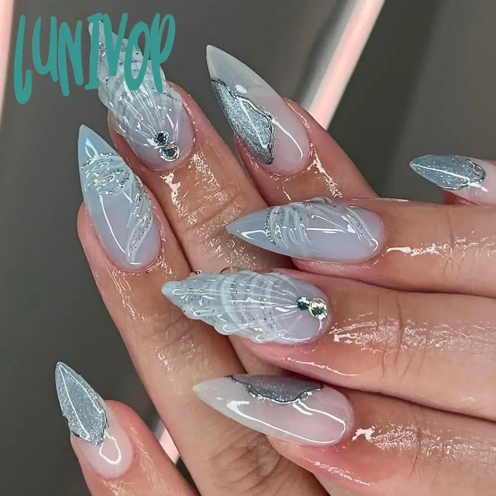 Lunivop Silver 3D Water Ripple French Almond Shape Wearable False Nails Fashion Detachable Finished