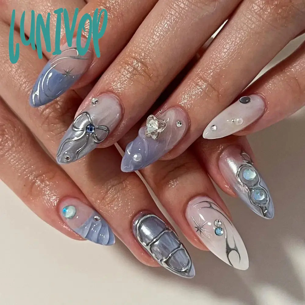 Lunivop Silver 3D Water Ripple French Almond Shape Wearable False Nails Fashion Detachable Finished