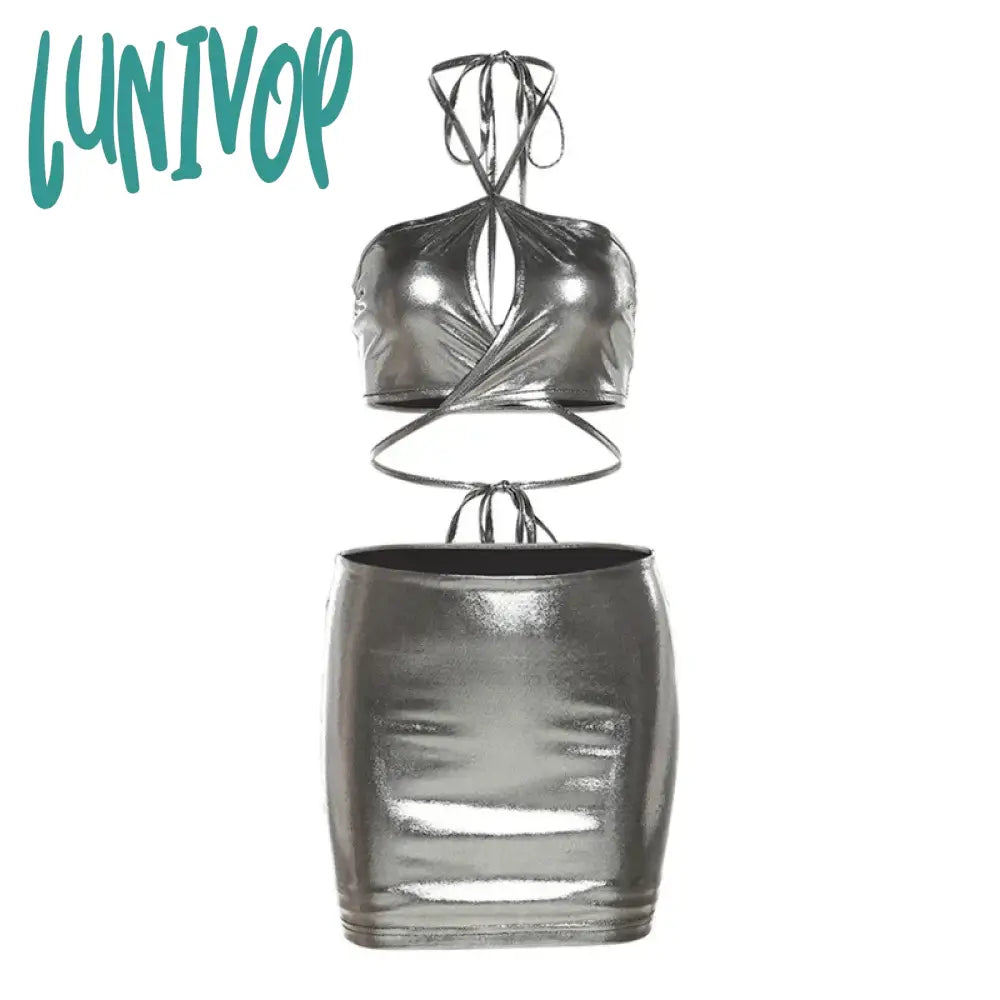 Lunivop Silver Dazzling Corset Top Shorts Skirt Womens Two Piece Set Fashion Y2K Summer Sleeveless