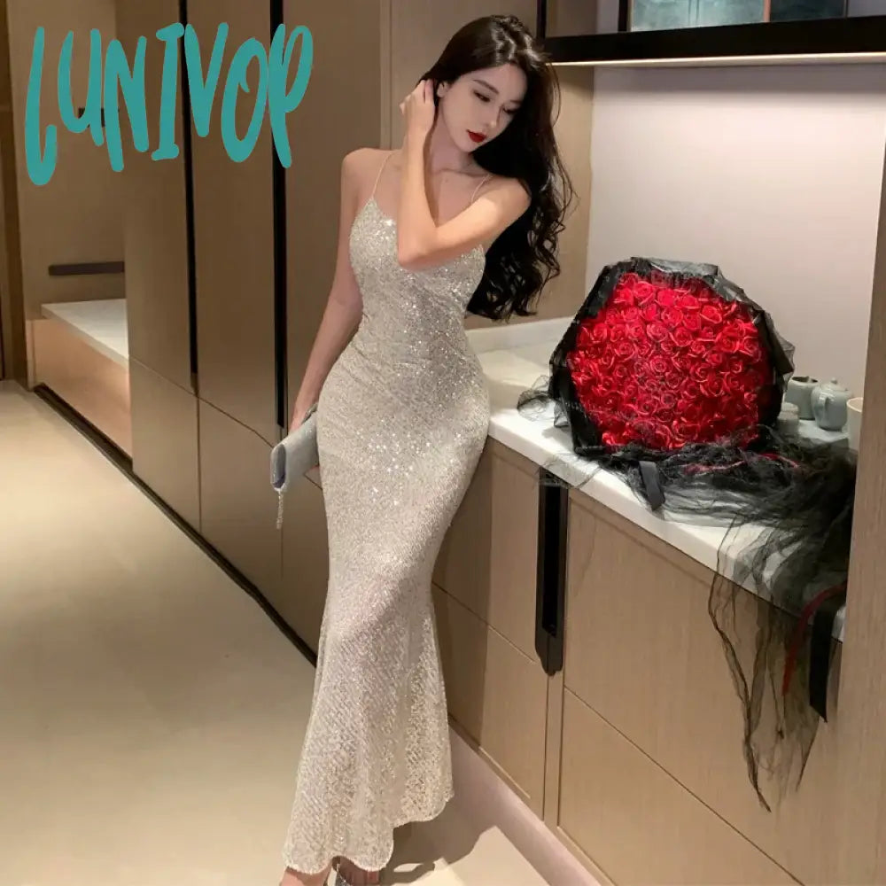 Lunivop Silver Sexy Club Sequin Summer Slip Dress Women 2024 Elegant Luxury Bodycon Birthday Party