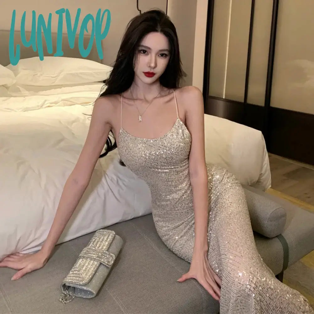 Lunivop Silver Sexy Club Sequin Summer Slip Dress Women 2024 Elegant Luxury Bodycon Birthday Party