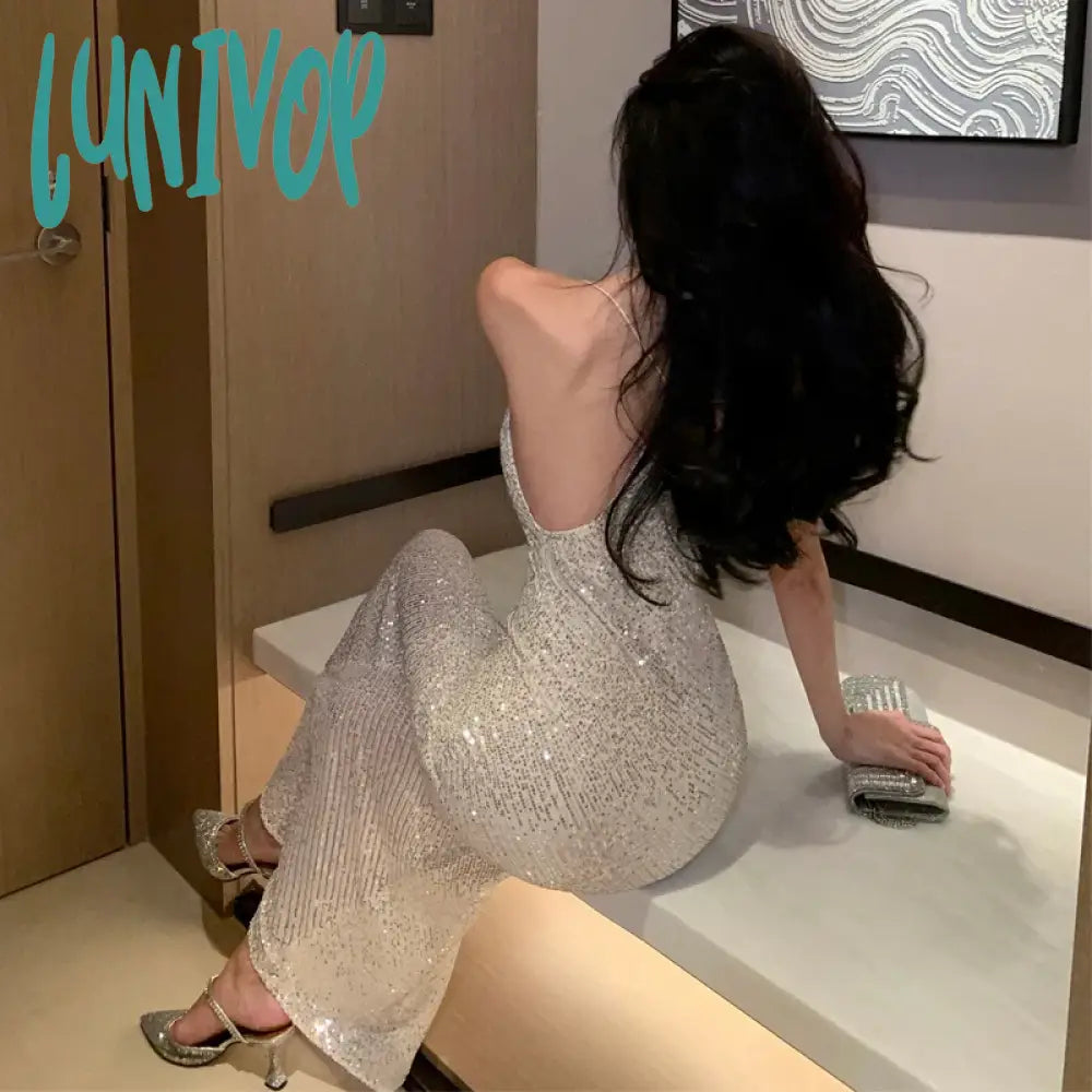 Lunivop Silver Sexy Club Sequin Summer Slip Dress Women 2024 Elegant Luxury Bodycon Birthday Party