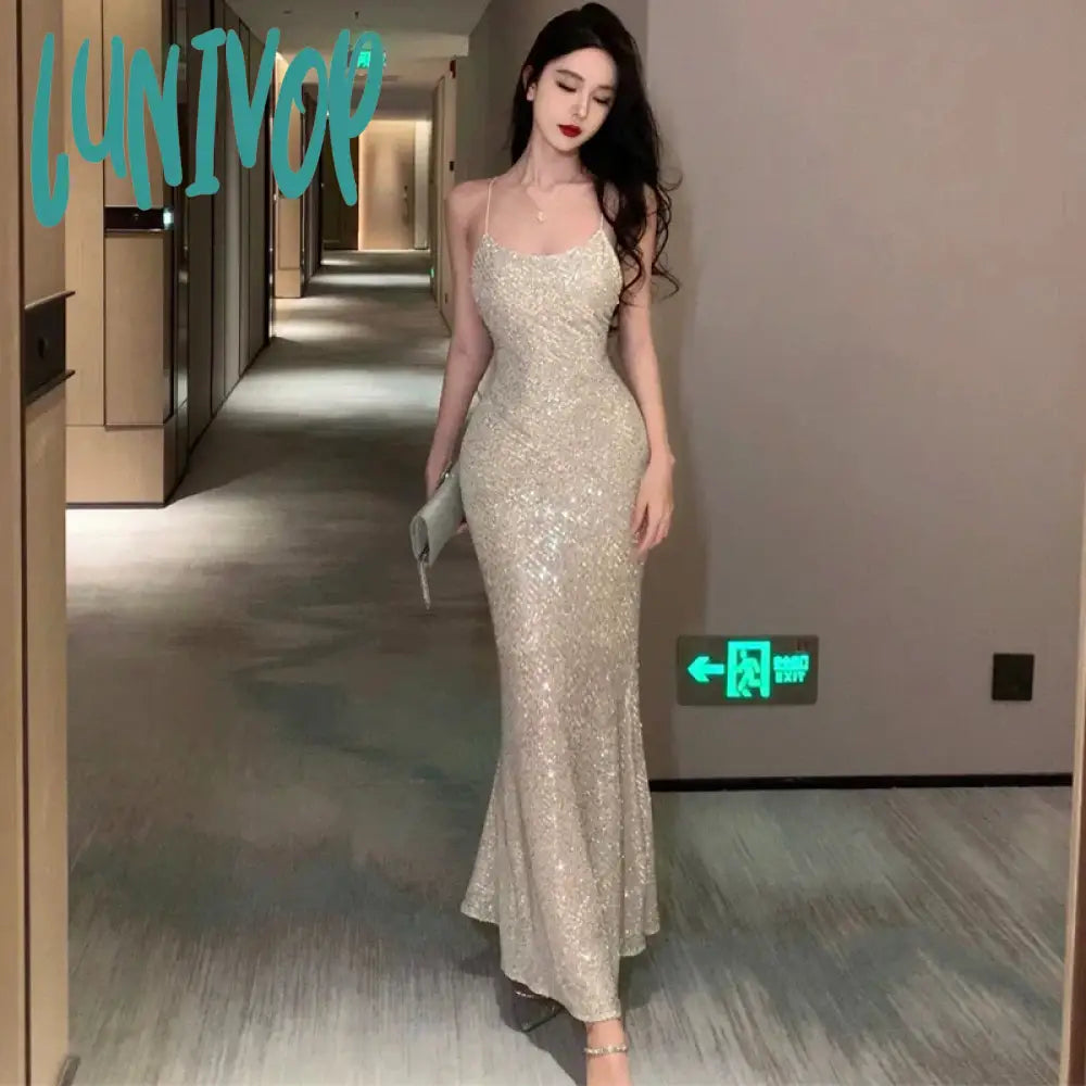 Lunivop Silver Sexy Club Sequin Summer Slip Dress Women 2024 Elegant Luxury Bodycon Birthday Party