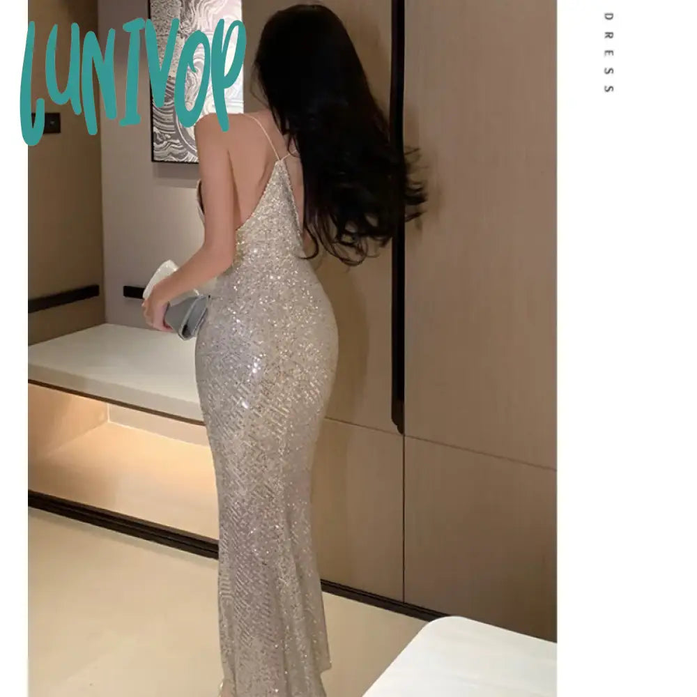 Lunivop Silver Sexy Club Sequin Summer Slip Dress Women 2024 Elegant Luxury Bodycon Birthday Party