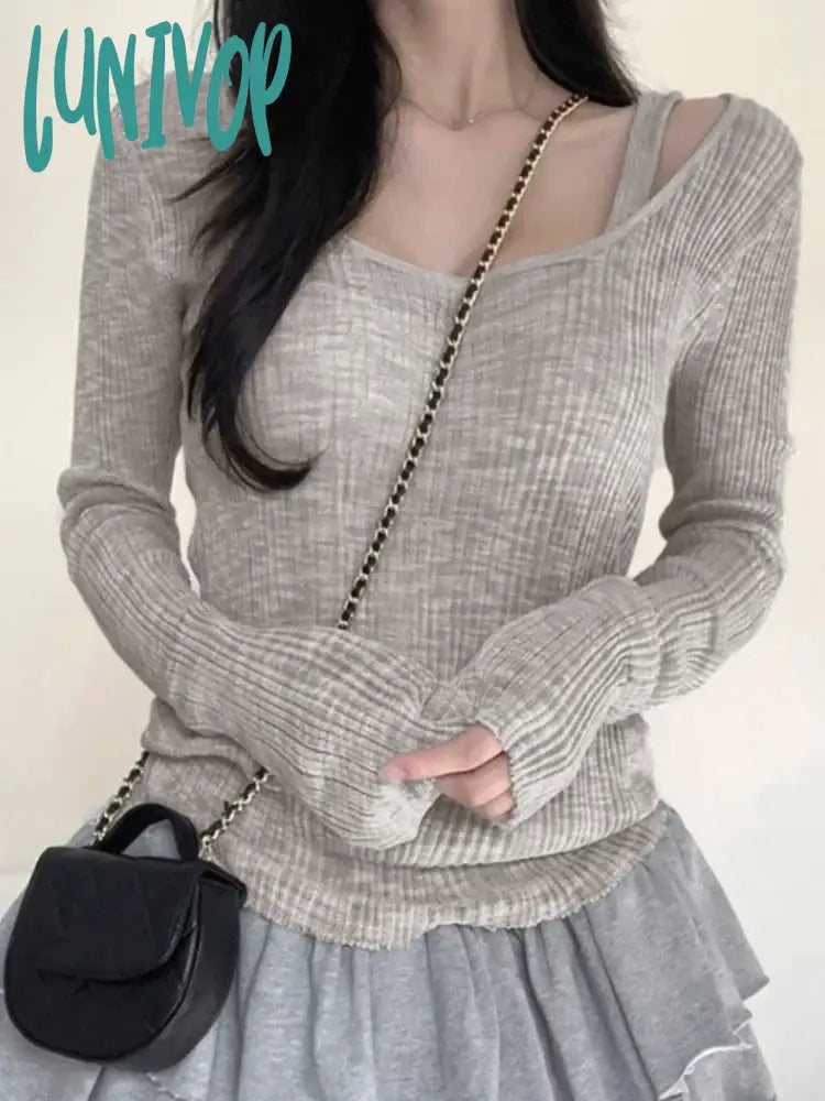 Lunivop Simple Casual Solid Two Pieces Set Y2K Aesthetic Knitted All Match Ins Tanks + Autumn