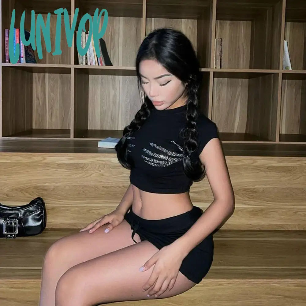 Lunivop Skull Hand Rhinestones Aesthetic Women Y2K Clothes Vintage Tops Black Fairy Grunge Graphic