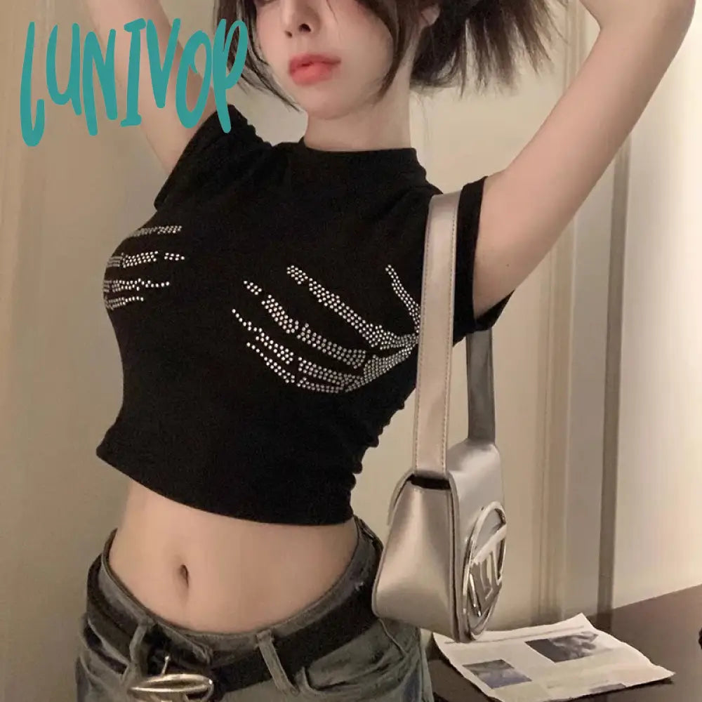 Lunivop Skull Hand Rhinestones Aesthetic Women Y2K Clothes Vintage Tops Black Fairy Grunge Graphic