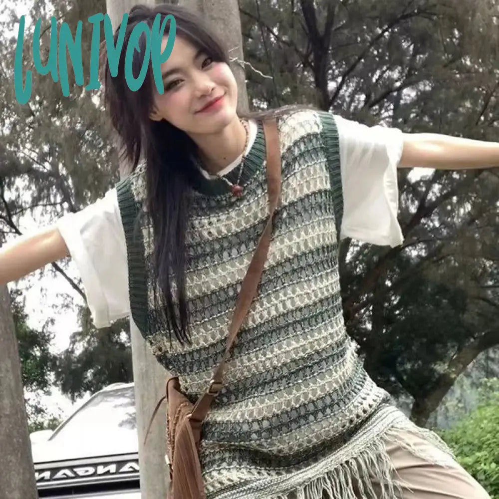 Lunivop Sleeveless Knitted Vest Women Striped Hollow Out Tassel Sweaters Vintage Harajuku Casual