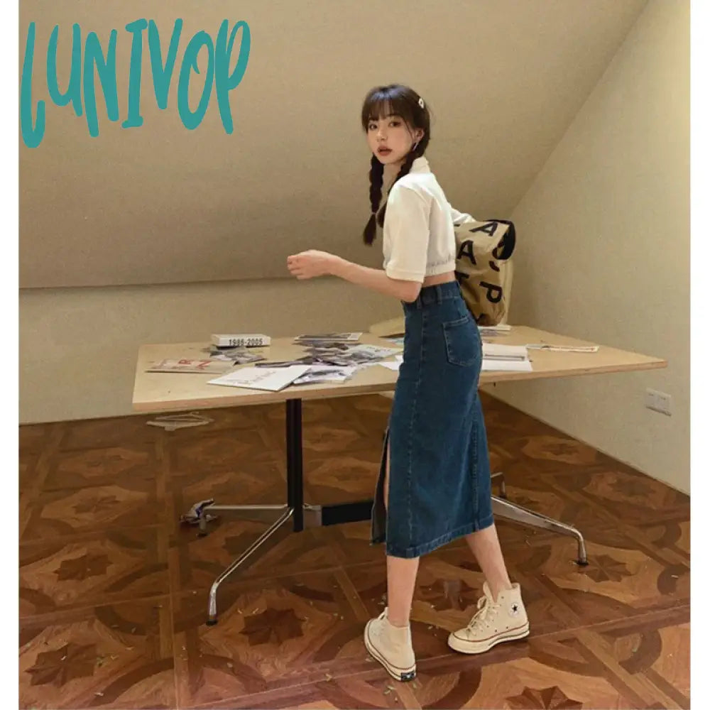 Lunivop Slit Denim Midi Skirt Women Vintage High Waist Hip Wrap Jeans Skirts Summer Streetwear