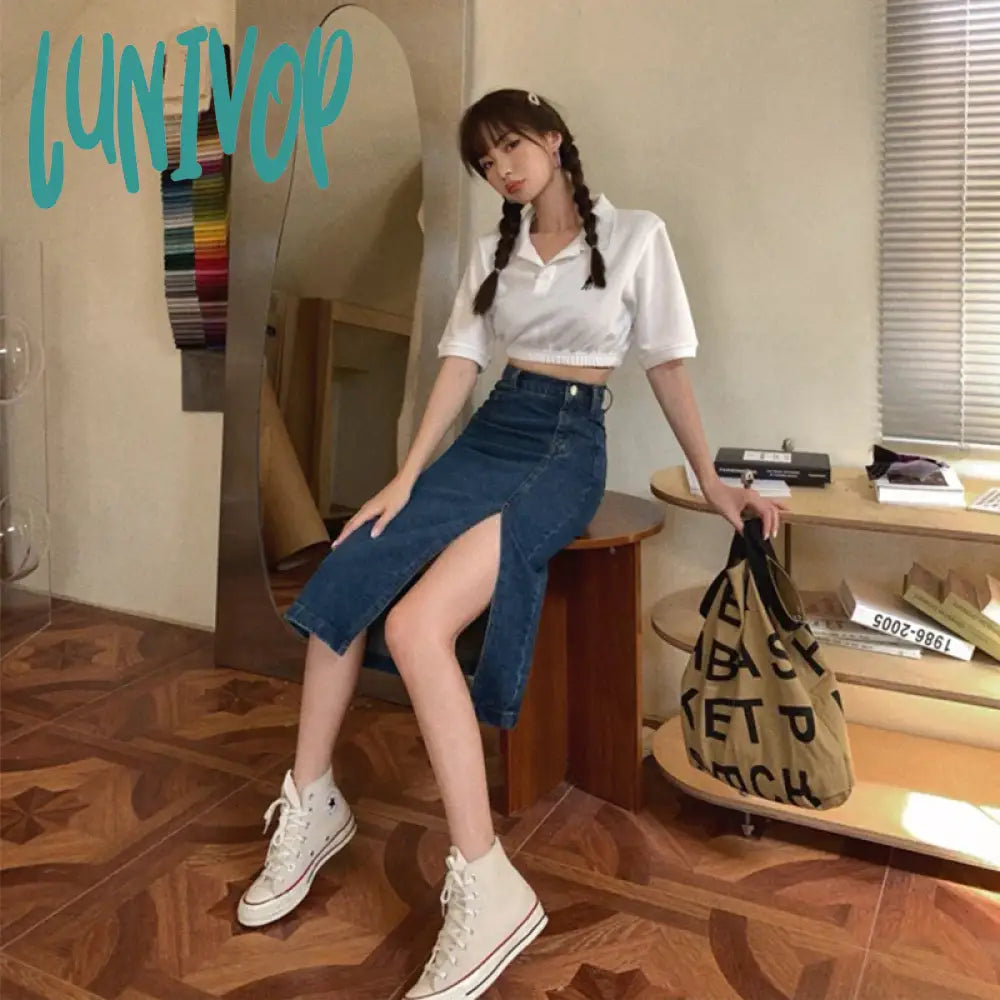 Lunivop Slit Denim Midi Skirt Women Vintage High Waist Hip Wrap Jeans Skirts Summer Streetwear