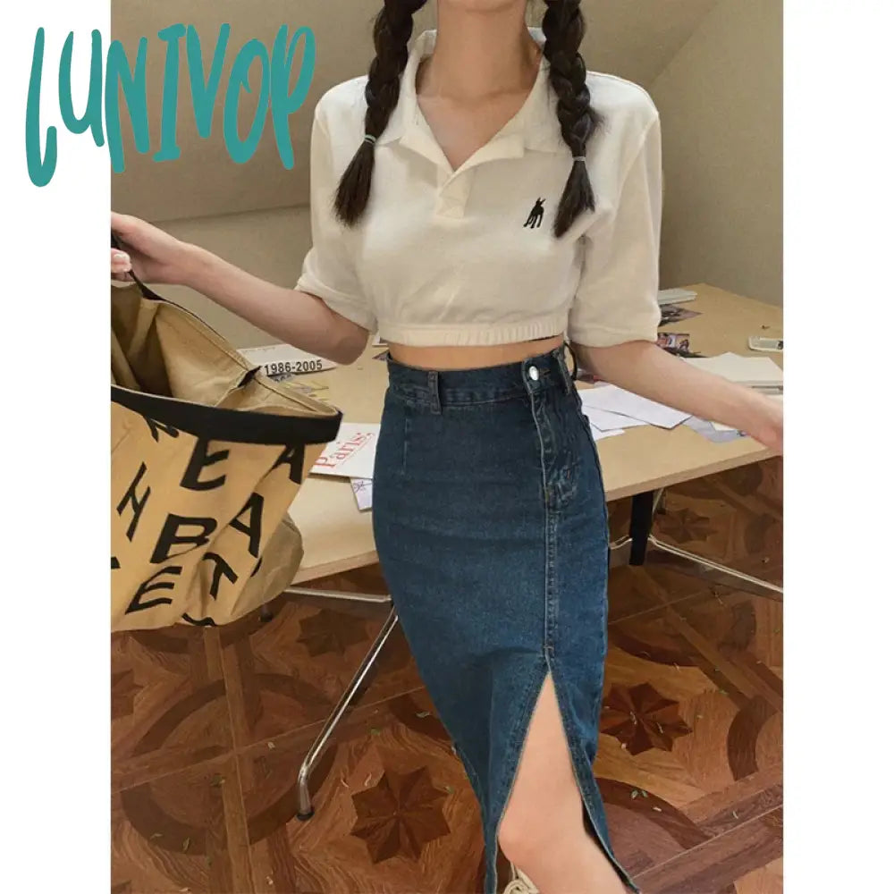 Lunivop Slit Denim Midi Skirt Women Vintage High Waist Hip Wrap Jeans Skirts Summer Streetwear