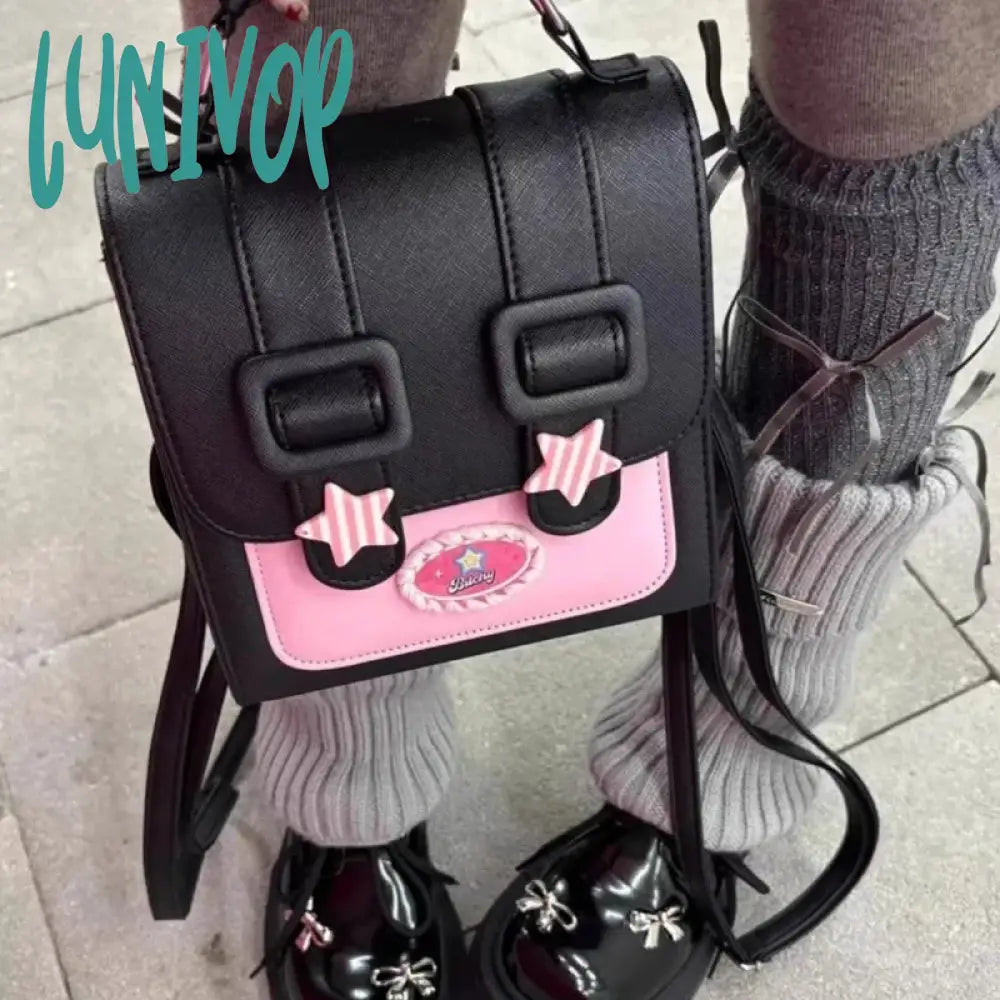 Lunivop Small Y2K Womens Backpack Original Harajuku Fashion Pu Leather Contrast Color Casual Street