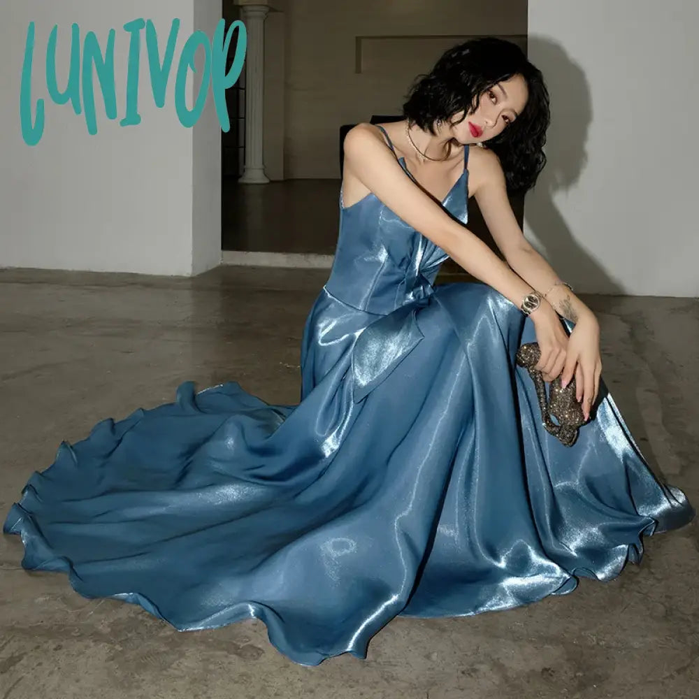 Lunivop Smoothly Cocktail Party Dress Spaghetti Strap Backless A-Line Pleated Ankle-Length Evening