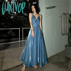 Lunivop Smoothly Cocktail Party Dress Spaghetti Strap Backless A-Line Pleated Ankle-Length Evening