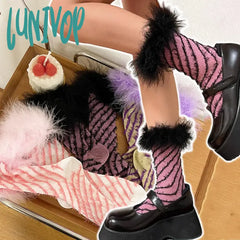 Lunivop Socks For Women Winter Warm Feather Splice Casual Harajuku Jk Cute Sock Ladies Gift Woman