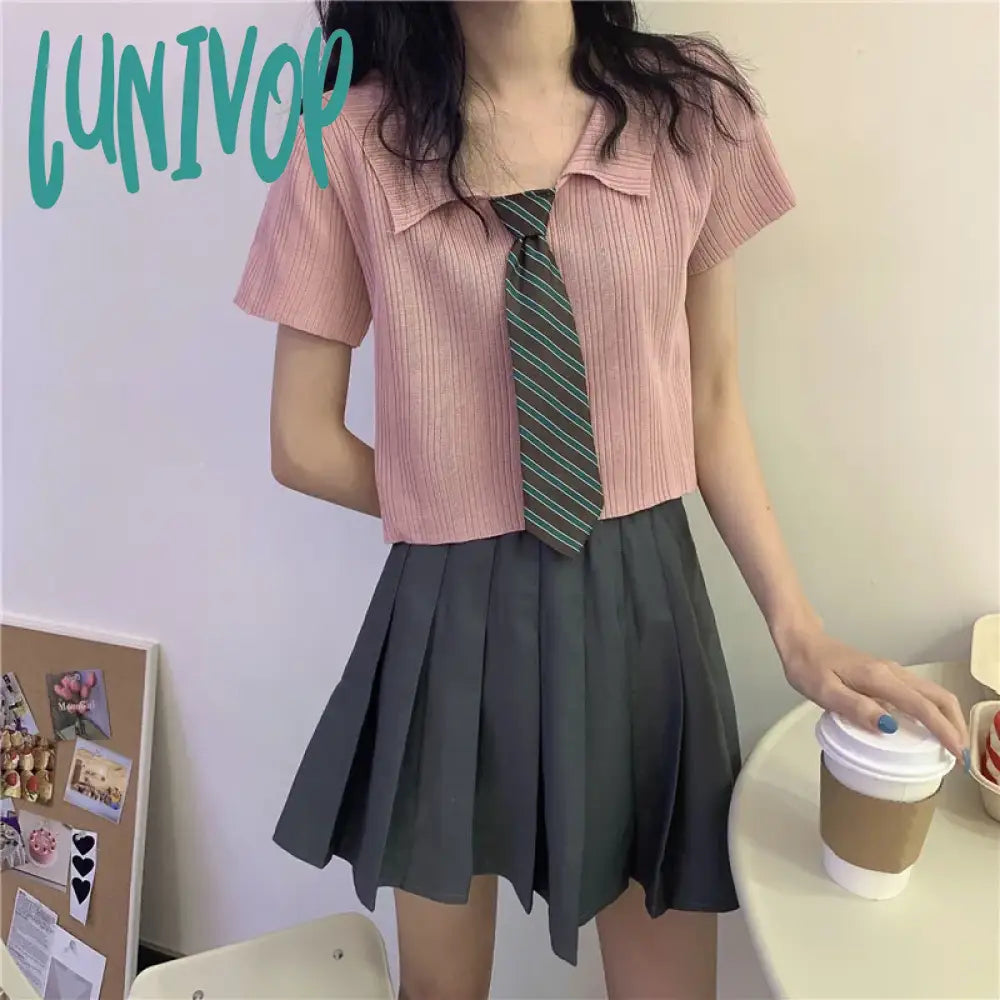 Lunivop Solid Color Casual Knitted T-Shirt For Women Summer Temperament Lapel Short Sleeve Slimming