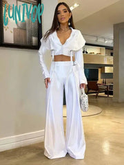 Lunivop Solid Elegant Two Piece Set For Women Causal Vintage Lady Outfits V-Neck Crop Tops Wide