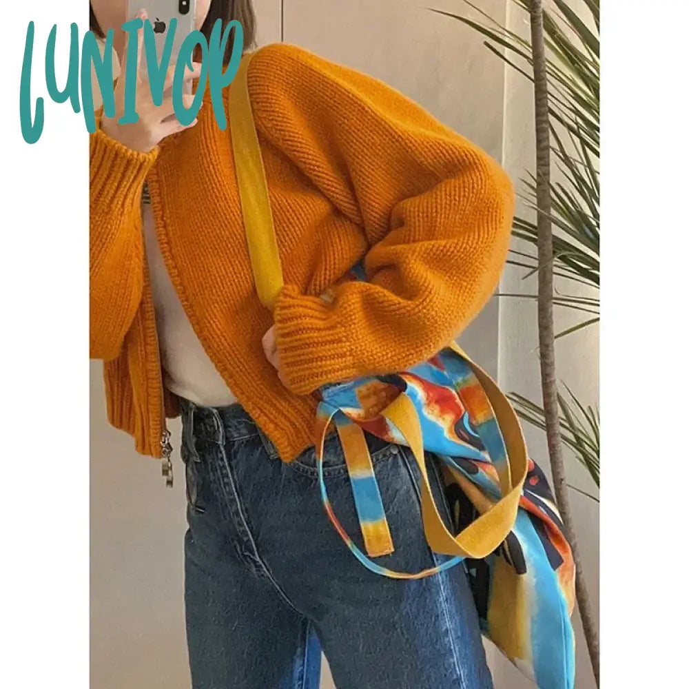 Lunivop Solid Knitted Cardigan Women Sweet Zipper Cropped Sweaters Korean Vintage Casual Knitwear