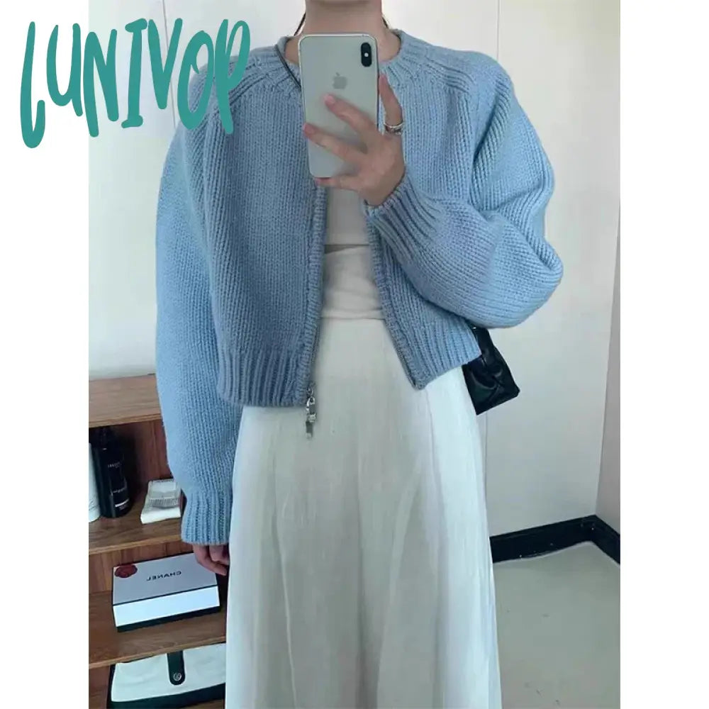 Lunivop Solid Knitted Cardigan Women Sweet Zipper Cropped Sweaters Korean Vintage Casual Knitwear