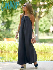 Lunivop Solid Sleeveless Halter Dress For Women Summer Cotton And Linen Hanging Neck Backless Slit