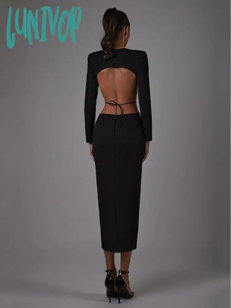 Lunivop Solid Women Winter Sexy Long Sleeve Backless Split Midi Black Bodycon Bandage Dress Elegant