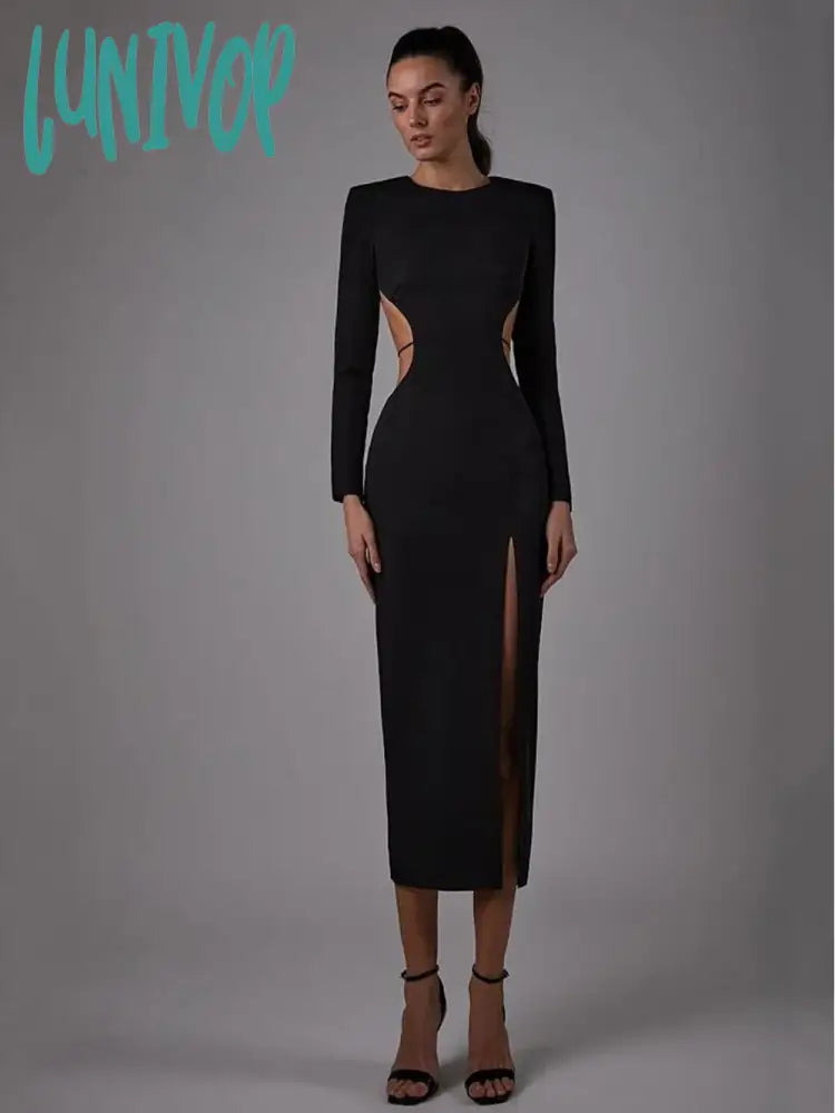 Lunivop Solid Women Winter Sexy Long Sleeve Backless Split Midi Black Bodycon Bandage Dress Elegant