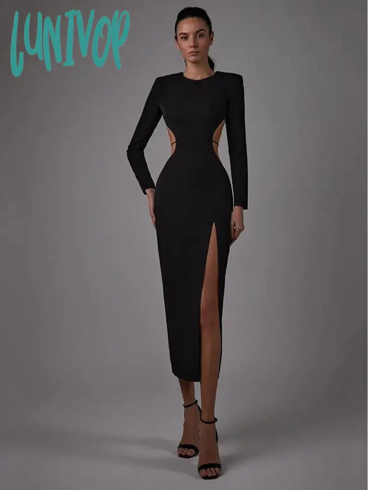 Lunivop Solid Women Winter Sexy Long Sleeve Backless Split Midi Black Bodycon Bandage Dress Elegant