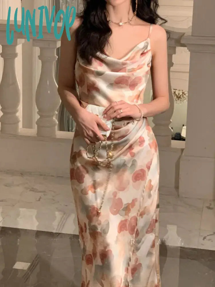 Lunivop Spaghetti Strap Elegant Women Summer Dress Sleeveless Vintage Print Beach Holiday Dresses