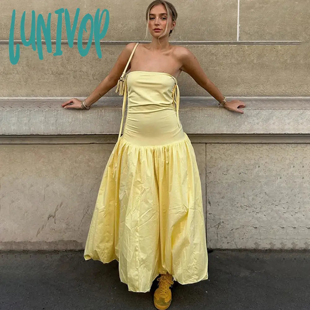 Lunivop Spaghetti Strap Sexy Backless Drawstring Lace Up Maxi Dress For Women Folds A-Line