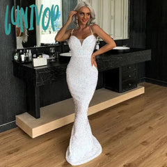 Lunivop Spaghetti Straps Sequins Sparkle Floor-Length Wedding Evening Dress Sexy Mermaid Court
